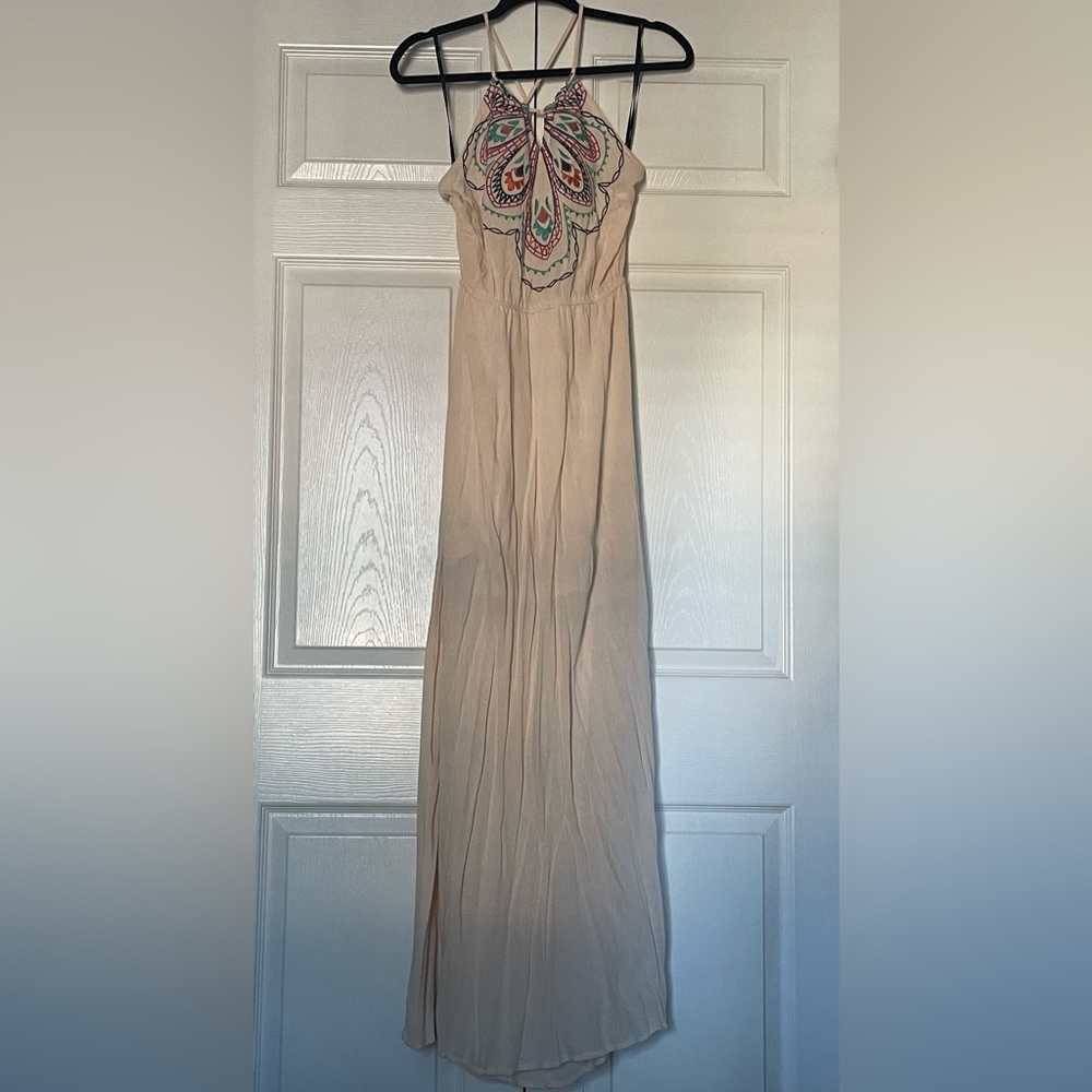 NWT Lightweight Embroidered High Neck Gauzy Taupe Maxi Dress Boho Festival - Picture 1 of 5